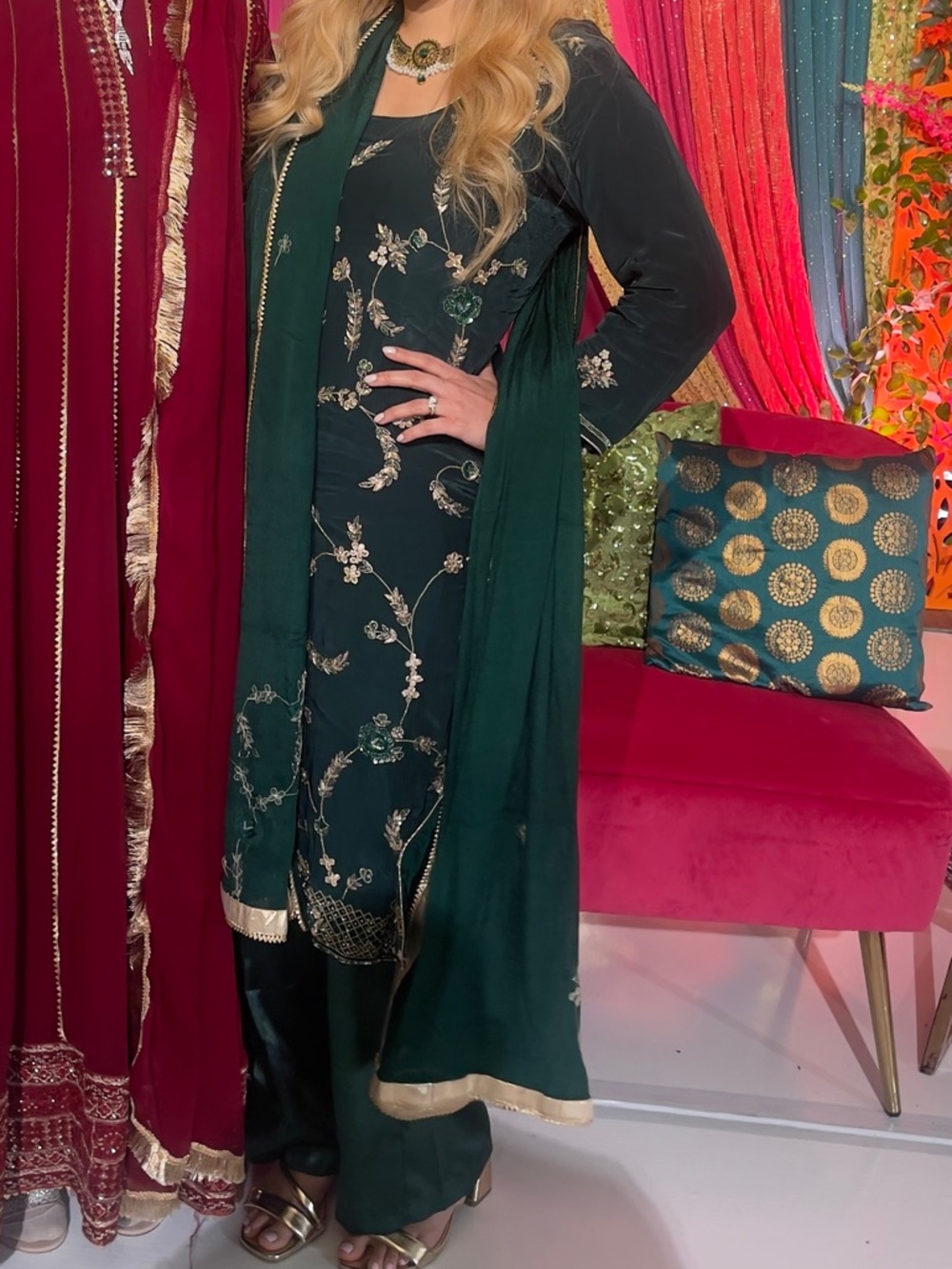 Embroidered Dark green with gold silk Mehndi Women's pant Suit